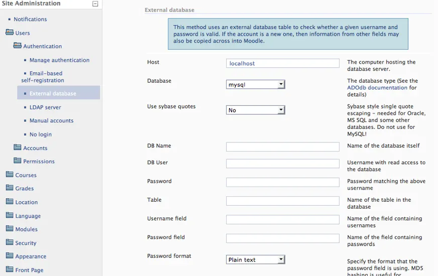 External Database for Student Accounts moodle @diben
