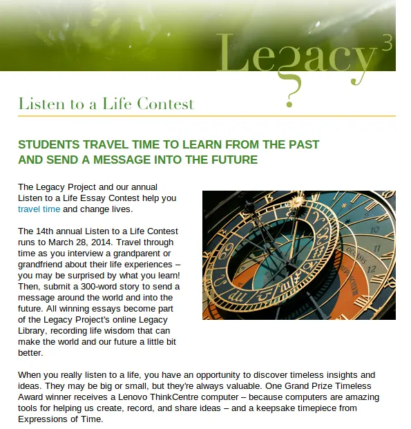 Listen to a Life Legacy Project Essay Contest writing students txed ec3ww