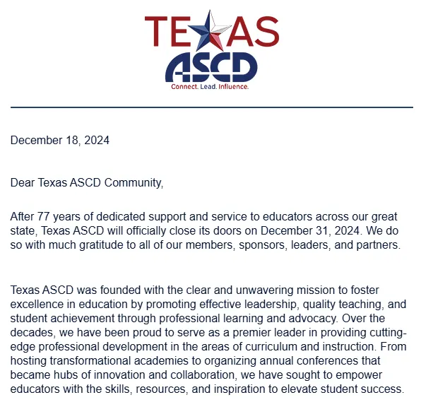 Breaking News: TxASCD Closes Its Doors EduSky Texas