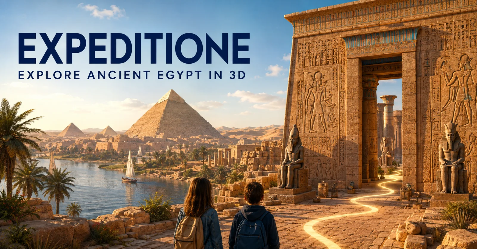 Students enter an interactive 3D Ancient Egypt landscape featuring pyramids, the Nile, and a temple.