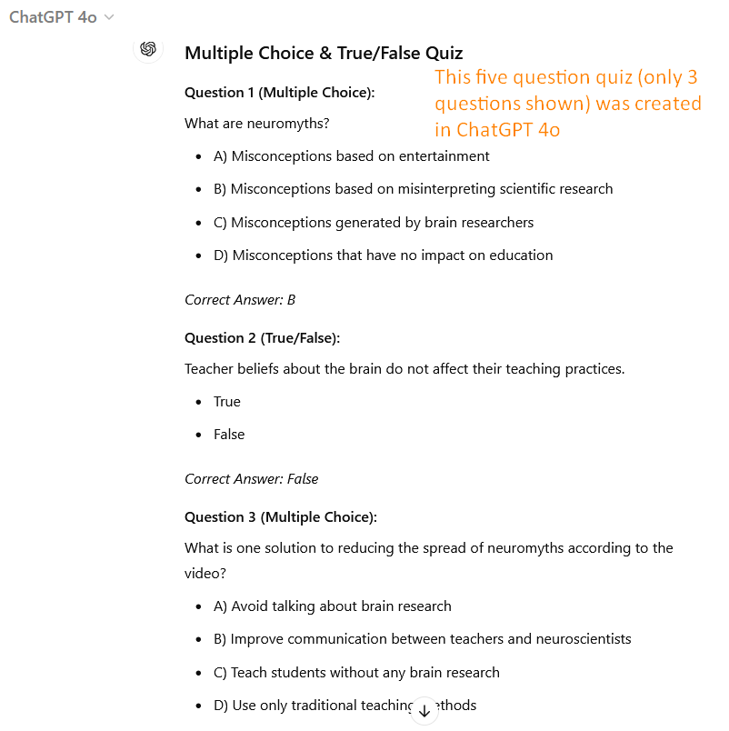 A ChatGPT 4o response headed "Multiple Choice & True/False Quiz" with three questions about neuromyths, each with answer options and the correct answer marked. An annotation reads: This five question quiz (only 3 questions shown) was created in ChatGPT 4o.
