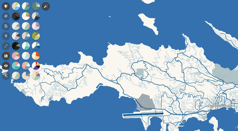 Tasmap theme editor showing the same island map with customization controls open for colors, icons and visual styling.