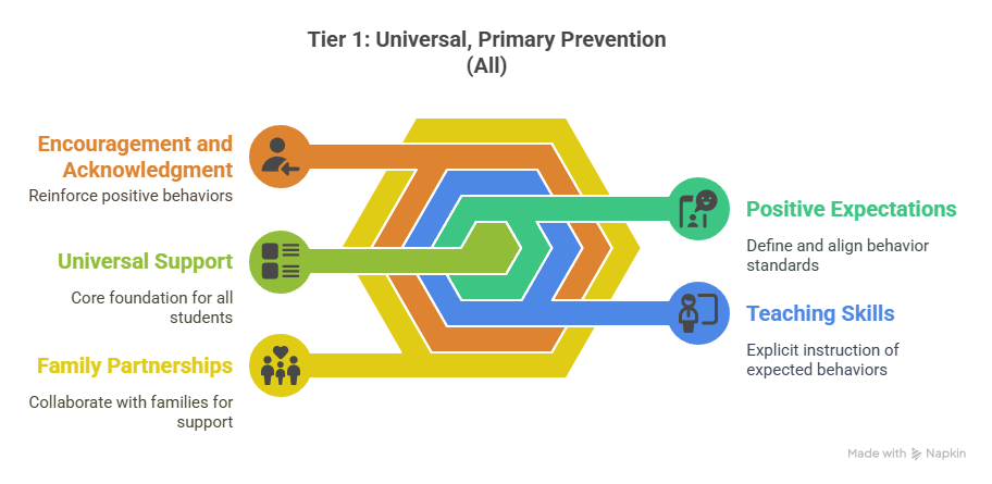 Diagram, "Tier 1: Universal, Primary Prevention (All)", with five elements feeding a nested chevron. Encouragement and Acknowledgment: reinforce positive behaviors. Universal Support: core foundation for all students. Family Partnerships: collaborate with families for support. Positive Expectations: define and align behavior standards. Teaching Skills: explicit instruction of expected behaviors.