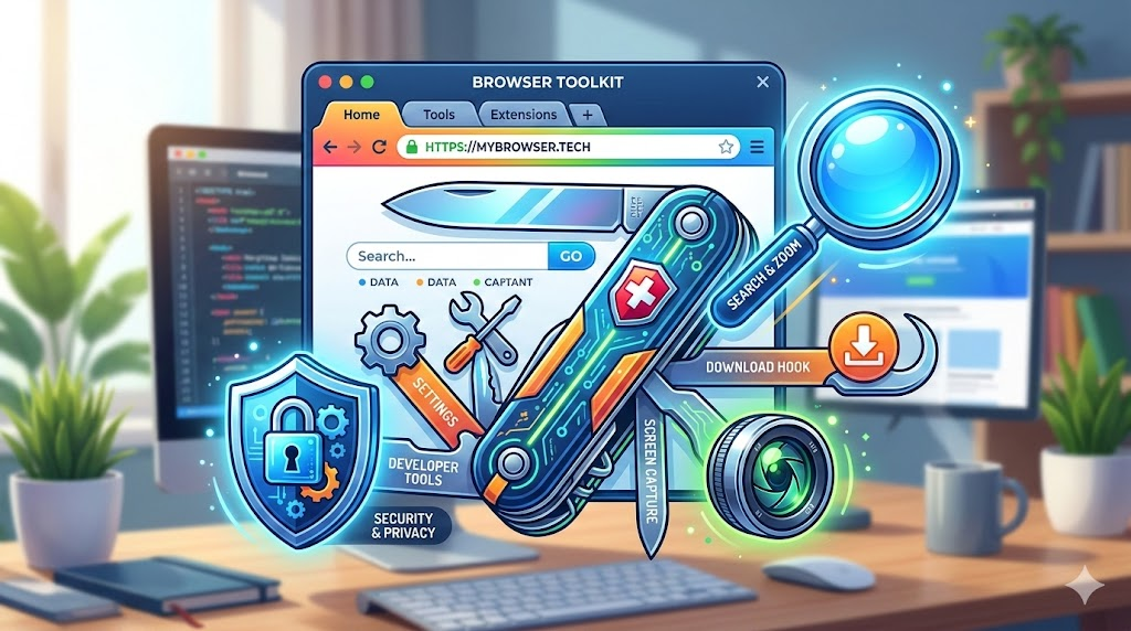 Illustration of a desk with monitors and a keyboard. A browser window labeled Browser Toolkit sits behind a Swiss Army knife whose blades are labeled Settings, Developer Tools, Security & Privacy, Search & Zoom, Download Hook and Screen Capture, with a padlock shield, magnifier and camera lens around it.