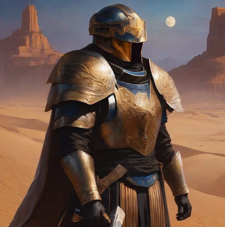 AI-generated painting of an armoured figure in gold and blue plate with a helmet, standing in a moonlit desert with a ruined fortress behind — a student illustration for the vocabulary word "Alamo".