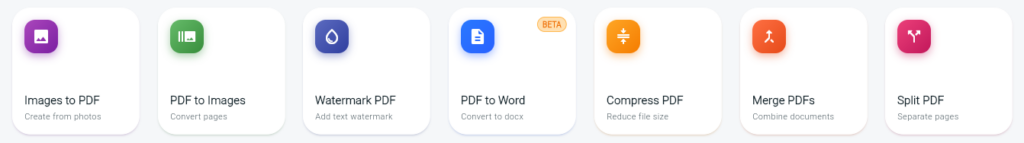 A row of RevPDF tool tiles: Images to PDF, PDF to Images, Watermark PDF, PDF to Word, Compress PDF, Merge PDFs and Split PDF.