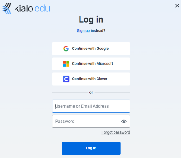 The Kialo Edu log-in dialog offering Continue with Google, Continue with Microsoft and Continue with Clever, plus username and password fields.