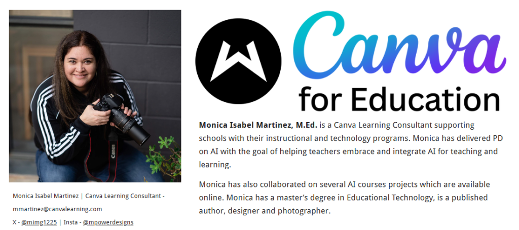 Canva for Education information page featuring Canva Learning Consultant Monica Martinez, with a short biography and contact details.