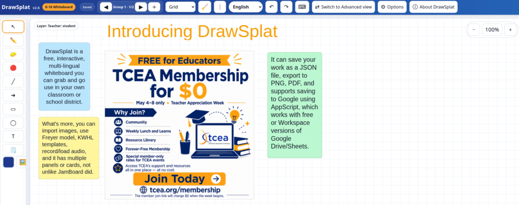 The DrawSplat whiteboard showing a panel titled "Introducing DrawSplat" with a TCEA membership poster set as wallpaper and two sticky notes describing DrawSplat as a free, interactive, multi-lingual whiteboard that can import images, use Frayer and KWHL templates, record audio, and export to JSON, PNG, PDF or Google Drive.