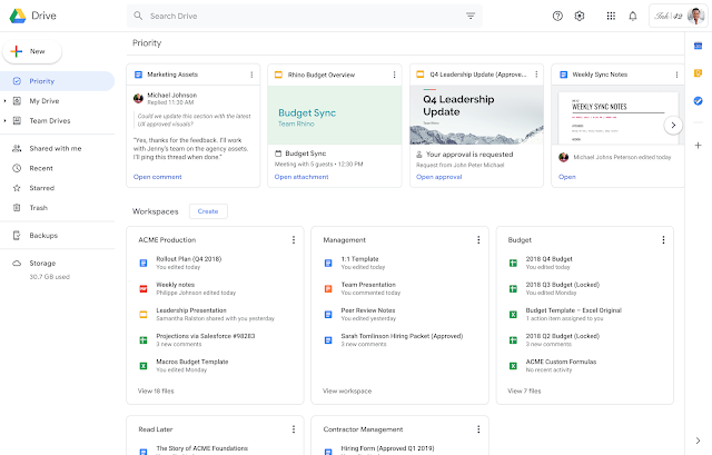 The Google Drive Priority view. A row of suggested cards shows Marketing Assets with an unread comment, a Rhino Budget Overview meeting, a Q4 Leadership Update awaiting approval and Weekly Sync Notes. Below, Workspaces group files under ACME Production, Management and Budget.