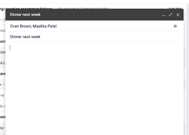 A Gmail compose window titled "Dinner next week", addressed to Evan Brown and Maalika Patel, with the subject filled in and the cursor in an empty message body.