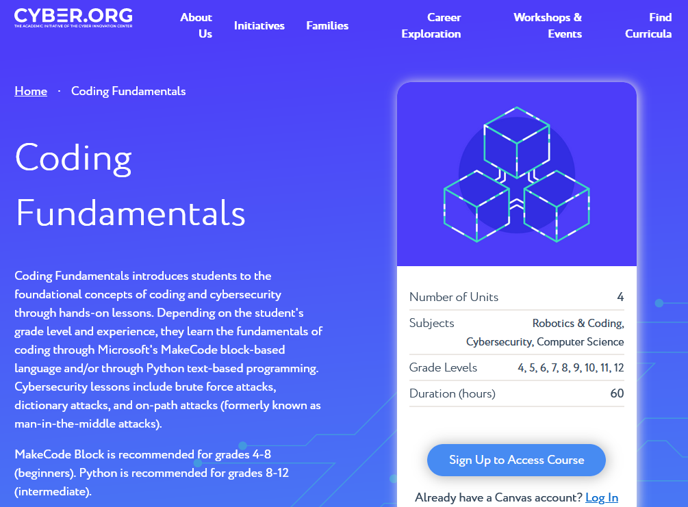 CYBER.org coding fundamentals for cyber workforce preparation