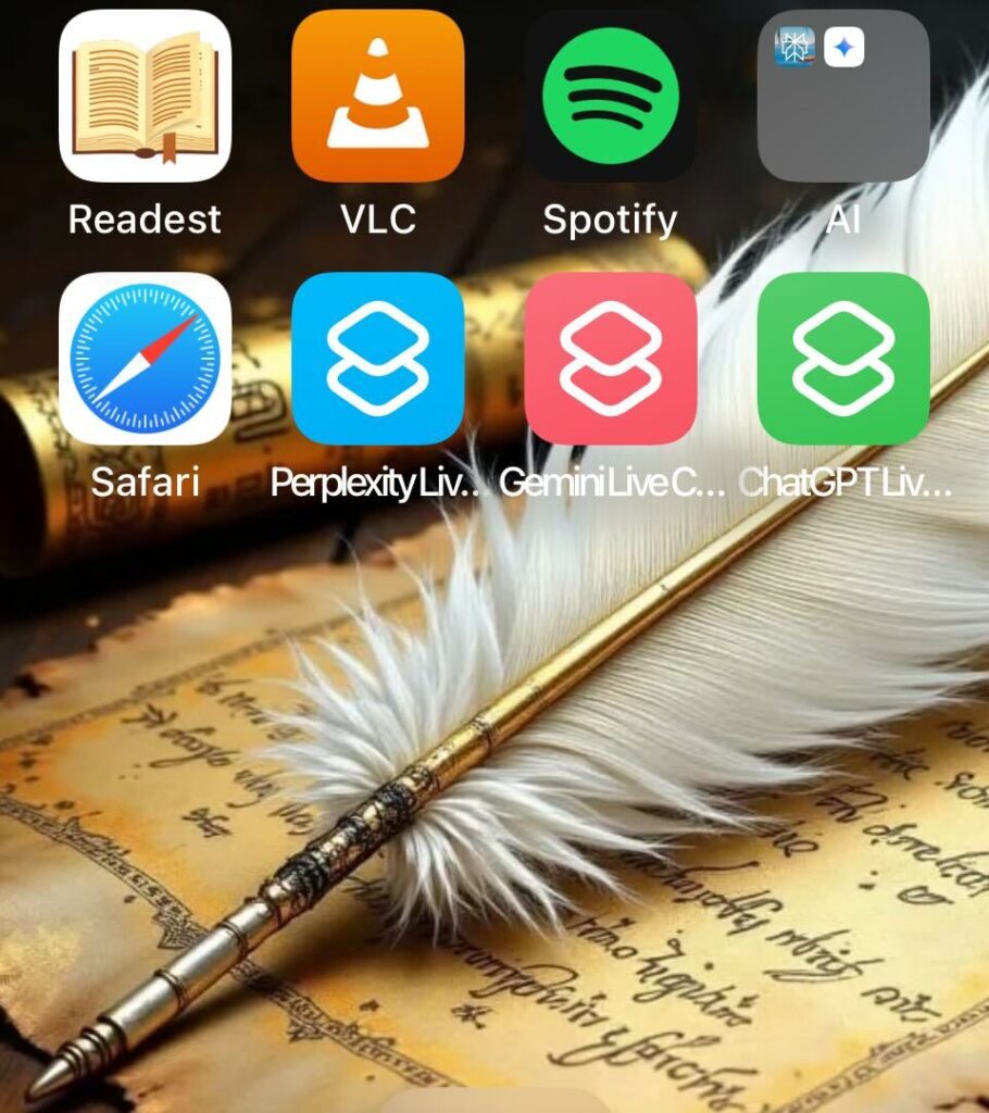 An iPhone home screen over a quill-and-parchment wallpaper, showing Readest, VLC, Spotify and an AI folder on the top row, and Safari plus three shortcut icons named Perplexity Live Chat, Gemini Live Chat and ChatGPT Live Chat below.
