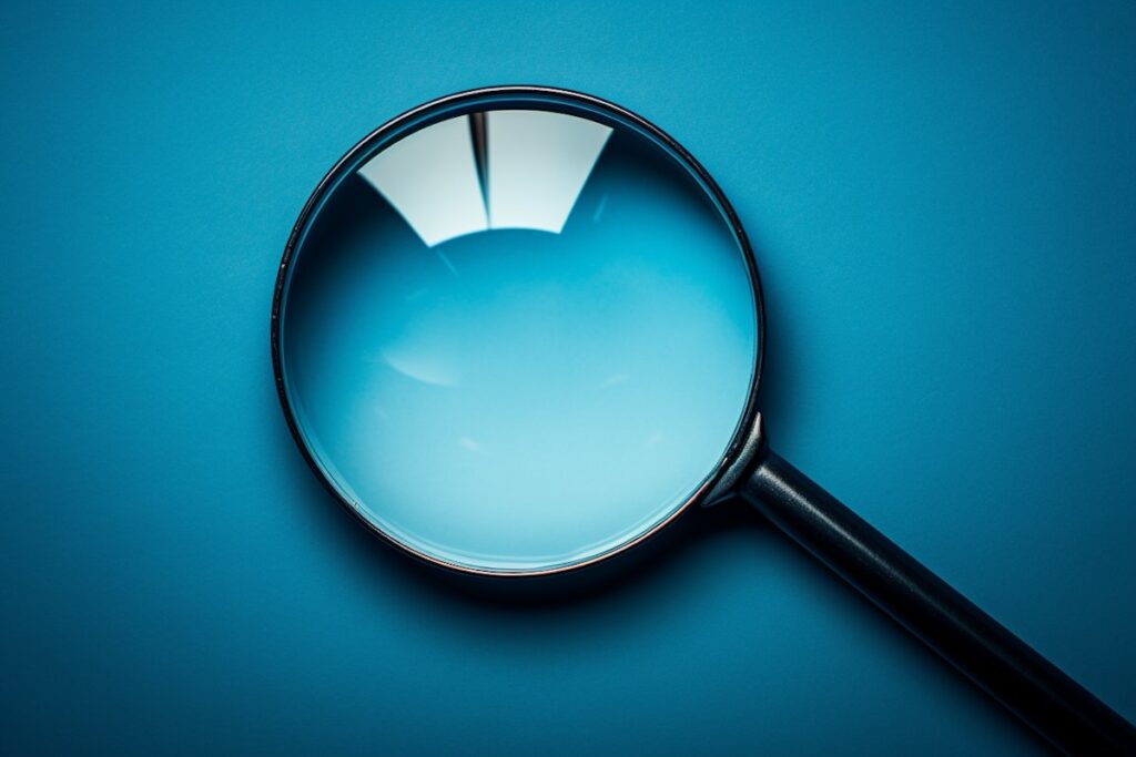 A black-handled magnifying glass lying on a plain blue background.