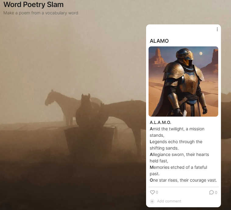 A Padlet board headed "Word Poetry Slam — Make a poem from a vocabulary word". A single card titled ALAMO shows the armoured-figure artwork above an acrostic poem whose lines begin A, L, A, M, O.