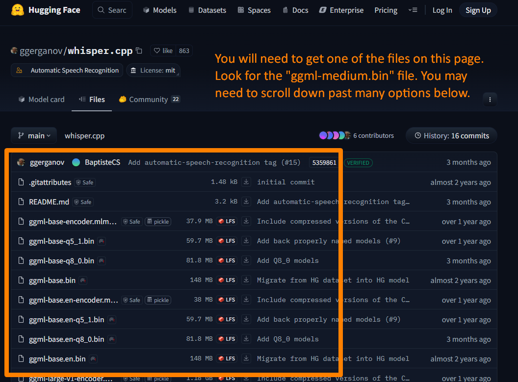 Auto-generated description: A webpage displaying a list of files related to automatic speech recognition, with highlighted instructions to locate a specific ggml-medium.bin file.