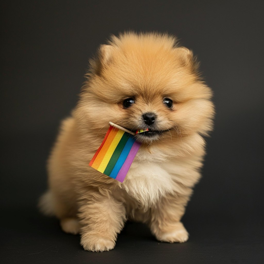 The image features an adorable Pomeranian puppy with a fluffy golden coat. It is standing and looking directly at the camera, holding a small rainbow-colored flag in its mouth
