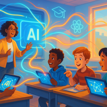 A vibrant digital illustration shows a modern, slightly futuristic classroom filled with natural light. A diverse group of K-16 students sit at desks, each holding a glowing tablet displaying AI-powered interfaces. Colorful light trails connect their devices to a large central smartboard with the letters "AI" prominently displayed. An enthusiastic teacher, smiling and gesturing, stands near the board. Abstract icons—like a book, graduation cap, and atom—float subtly in the background, symbolizing learning. The scene radiates energy, collaboration, and optimism about technology in education.