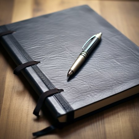 black leather notebook with metallic pen on wooden surface