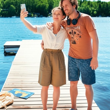 A couple standing on a pier taking a selfie with a lake behind them with trees in the distance